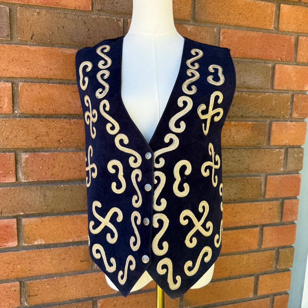 Western Gothic Suede‎ Vest Embroidered Whimsigoth Braided | Navy | Size Medium